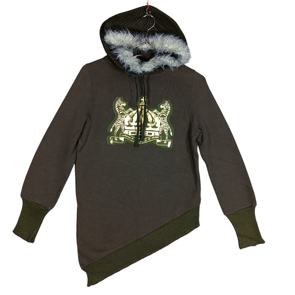 Ebase Symmetrical Hoodie Size S Army Green Gold Graphics Vegan Fur Hoody Trim